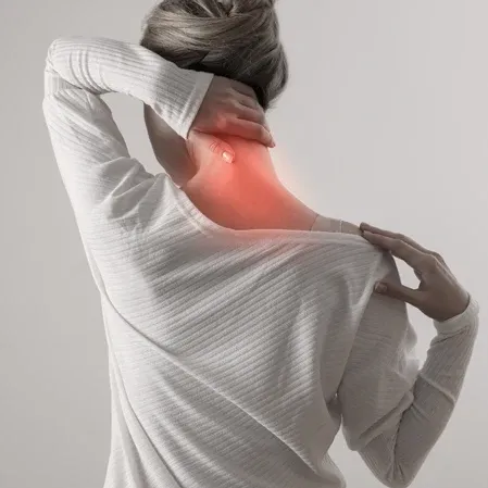 A person raises one arm while holding the neck, with a red highlight indicating localized cervical discomfort